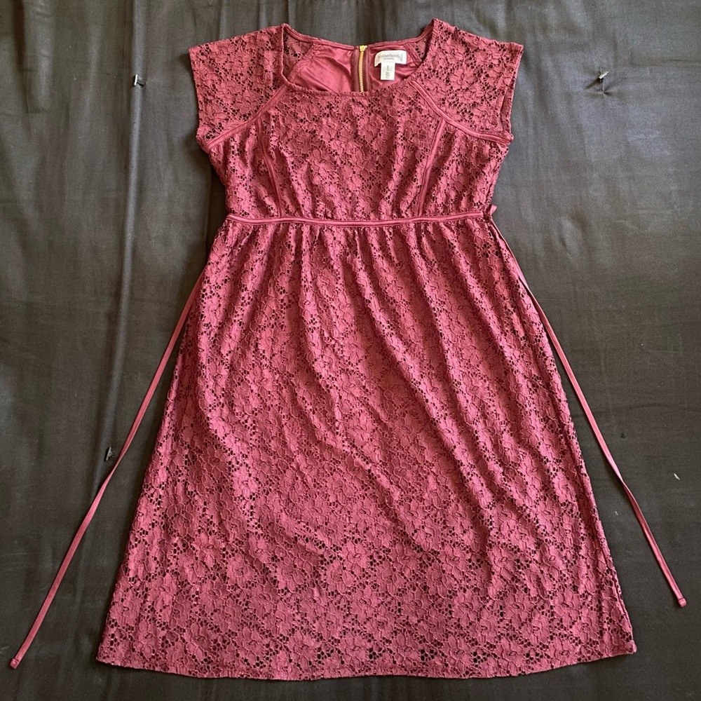 Motherhood Maternity Burgundy Lace Overlay Dress With a Waist Tie